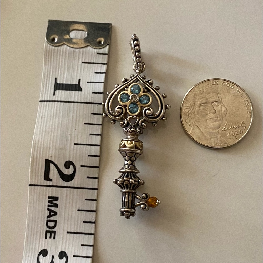 Barbara Bixby SS 18K Gold Blue Topaz key pendant with Citrine accent stone. - Picture 7 of 9